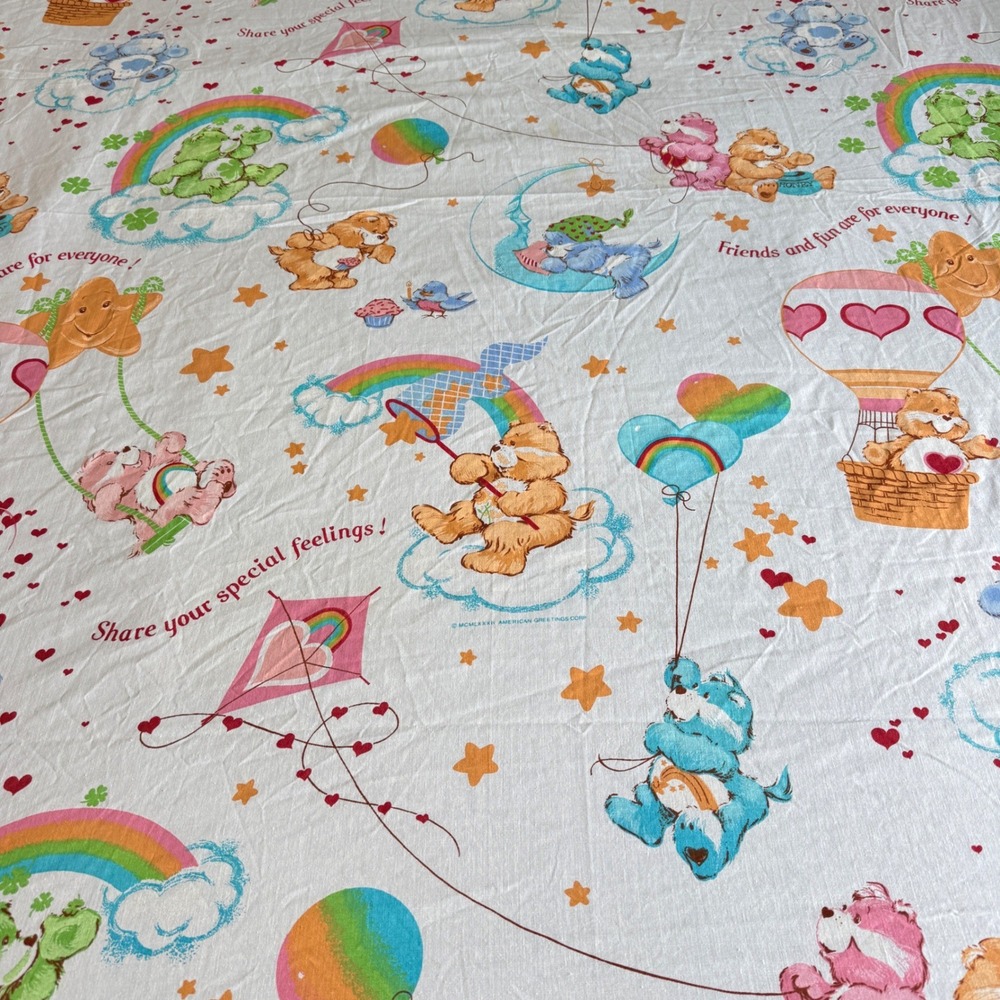 Care Bears Twin Flat Sheet Kids White Clouds Rainbow Hearts Balloons 80s
